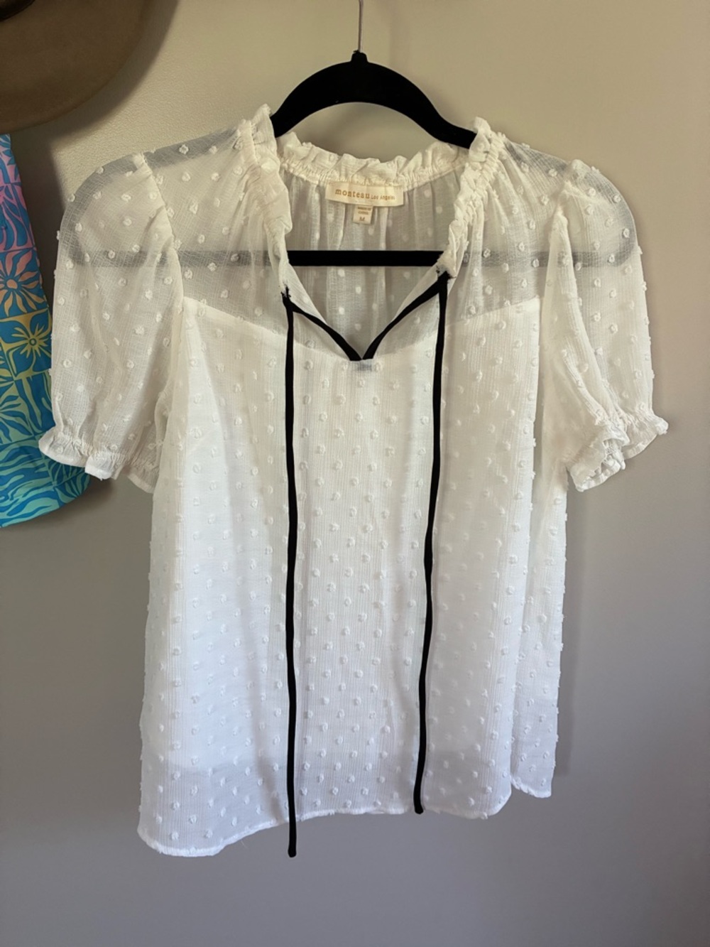 Monteau White Swiss Dot Blouse with Black Tie